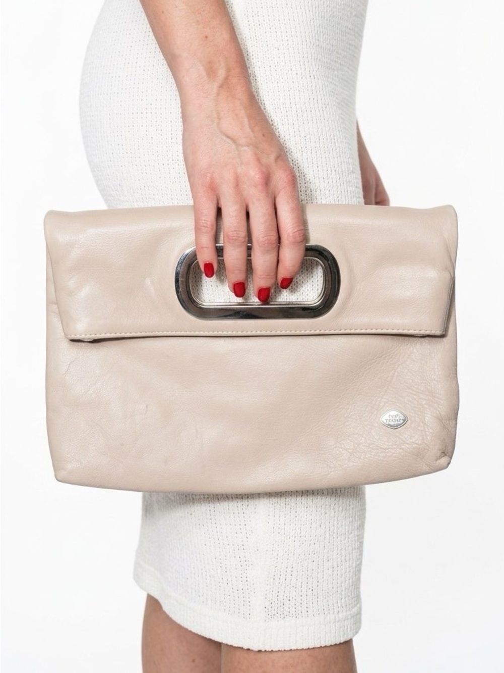 THE TREND Taupe Leather Foldover Clutch Bag With Handle Women's